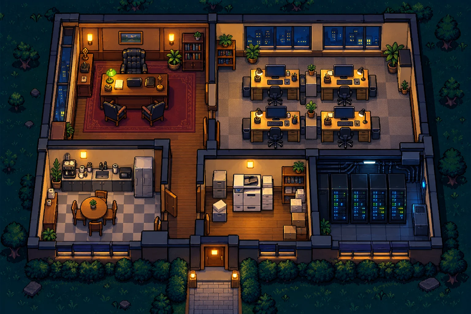 the office at night from above: boss office, desks, kitchen, printer room and server room, every lamp still on